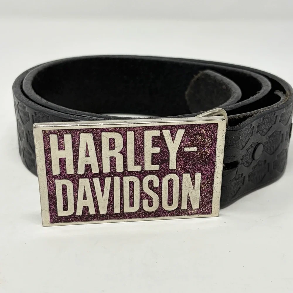 Harley-Davidson Women's Leather Belt 32 Purple Glitter Buckle USA 2006 Y2K